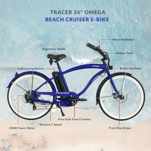 Tracer OMEGA 26" 7 Speed Electric Beach Cruiser Bike for Men - 500 Watt, 48V - electricbyke.com
