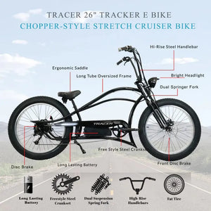 Tracer Tracker DS7 26" 7 Speed Stretch E-Bike with Classic Dual Springer Fork - 800 Watt, 48V - electricbyke.com