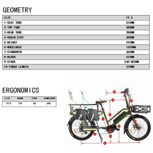 EUNORAU, 2020 G20 Electric, Mid-Drive, Long-Tail Cargo Bike, 24" - 500 Watt, 48V - electricbyke.com